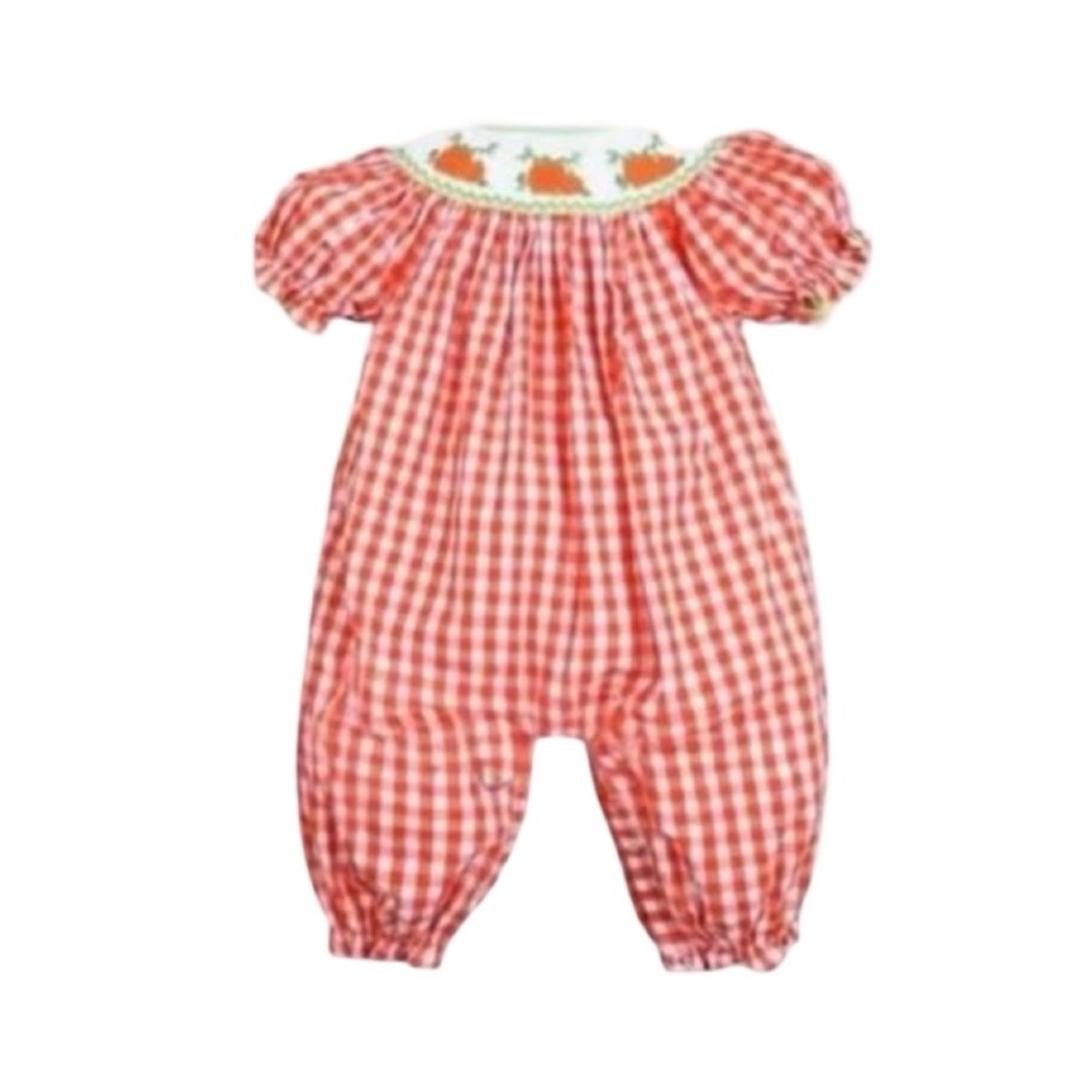 Orange Hand Smocked Thanksgiving Gingham Baby Romper